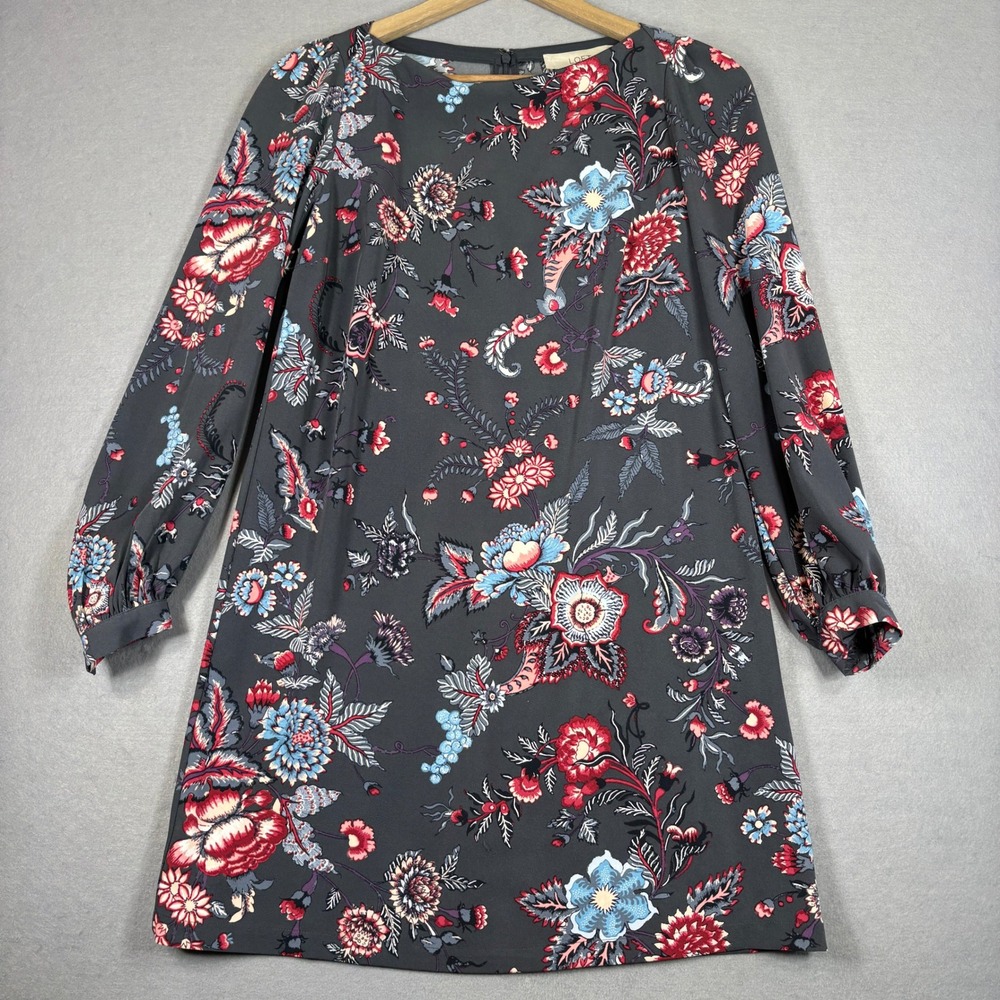 LOFT Petites Floral Shift Dress 2P Gray Red Blue‎ Long Sleeve NWT
